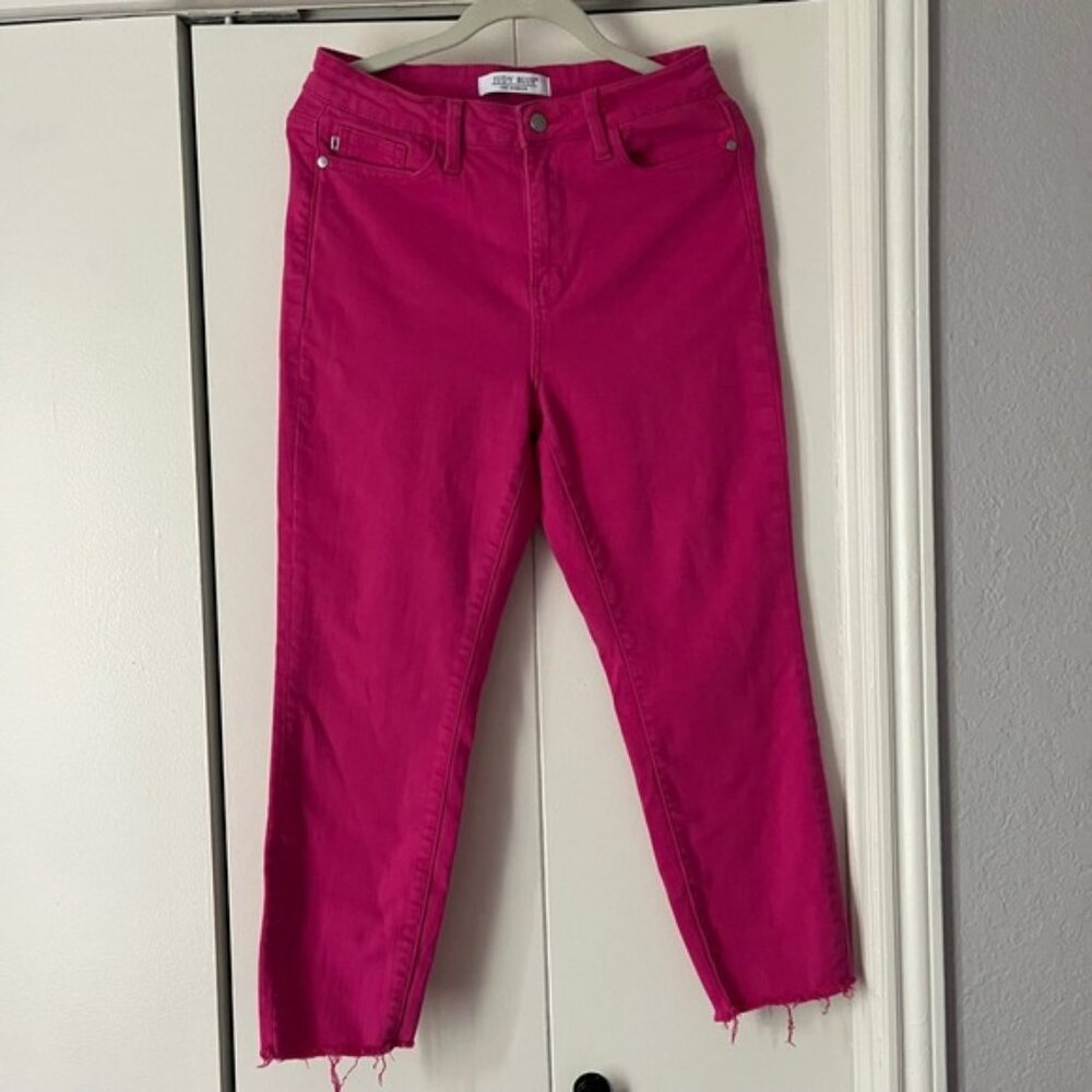 Judy Blue Pink Denim Crop Jeans Frayed Hem High Waist Comfort Stretch Size 5/27